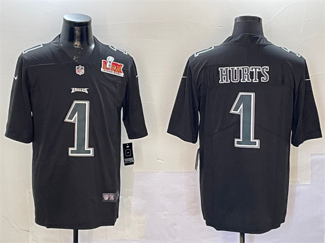 Men's Black Philadelphia Eagles #1 Jalen Hurts 2025 Super Bowl LIX Patch Fashion Vapor Untouchable Limited Stitched Football Jersey